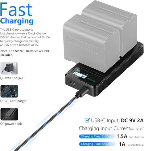 Neewer NP-F970 4 Channel Charger for NP-F550 NP-F750 Camcorder Camera Battery, 100W PD Fast Charging NPF Battery Charger with OLED Display & 100W USB C to USB C Fast Charging Cable, NW-F4 in Saudi Arabia