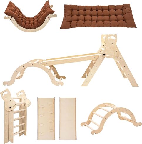 Foldable Toddler Climbing Toys Indoor Jungle Gym, Pikler Triangle Set with Cushion, Slide, Arch and Triangle Canvas, 8-in-1 Montessori Climbing Set(1.5-8yrs) in Saudi Arabia