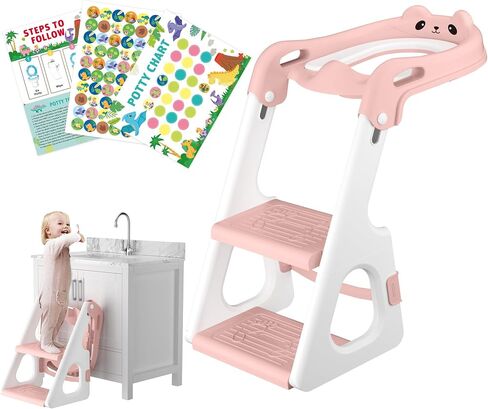 Potty Training Toilet with Potty Training Chart and Step Stool Ladder, Foldable Toddler Toilet Seat with Handles, 2 in 1 Toilet Seat for Kids Boys Girls with Self-Adjustable Height and 3 Stickers Gray in Saudi Arabia
