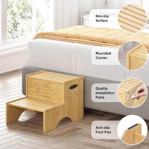 Bamboo 2 Step Stools for Kids, Toddler Step Stool with Non-Slip Stepping Surface, Heavy Duty Foot Stool Holds up to 450Lb Two Stepping Stool for Bathroom Sink Bedroom Kitchen (White) in Saudi Arabia