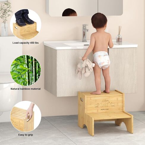 Bamboo 2 Step Stools for Kids, Toddler Step Stool with Non-Slip Stepping Surface, Heavy Duty Foot Stool Holds up to 450Lb Two Stepping Stool for Bathroom Sink Bedroom Kitchen (White) in Saudi Arabia