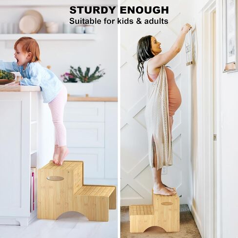 Bamboo 2 Step Stools for Kids, Toddler Step Stool with Non-Slip Stepping Surface, Heavy Duty Foot Stool Holds up to 450Lb Two Stepping Stool for Bathroom Sink Bedroom Kitchen (White) in Saudi Arabia