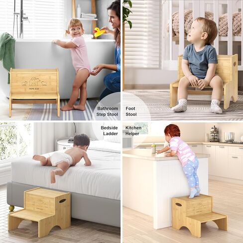 Bamboo 2 Step Stools for Kids, Toddler Step Stool with Non-Slip Stepping Surface, Heavy Duty Foot Stool Holds up to 450Lb Two Stepping Stool for Bathroom Sink Bedroom Kitchen (White) in Saudi Arabia