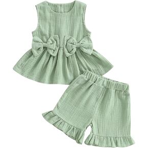 Kupretty Toddler Girl Summer Clothes Baby Solid Linen Outfit Bows Ruffle Tank Tops Shirts + Ruffled Short Set in Kuwait