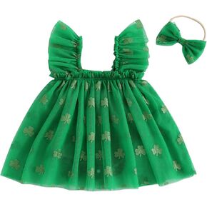 Baby Girl Valentine's Day Jumpsuit Dress with Bow Headband Fly Sleeve Heart Print Tulle Mesh Dress Romper Set
