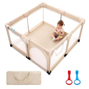 Baby Playpen with Mat, 50 * 50 in Play Pens for Babies and Toddlers, Baby Play Yards for Indoor & Outdoor with Soft Breathable Mesh (Beige with Mat)