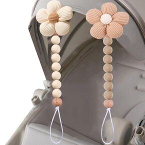 2pcs Flower Pacifier Clip, Silicone Bead Pacifier Clip for Baby Girls and Boys with Beige Daisy Birthday Christmas Gift