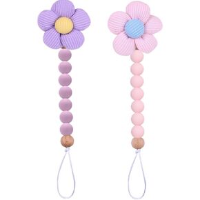 2pcs Flower Pacifier Clip, Silicone Bead Pacifier Clip for Baby Girls and Boys with Beige Daisy Birthday Christmas Gift in Saudi Arabia