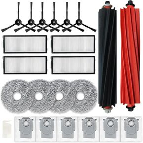 Replacement Parts Compatible with Roborock Qrevo Master/V20/P10S Pro Vacuum Cleaner Accessories Kit, 2 Main Brush Roller 4 Filter 4 Mop Pad 6 Dust Bag 6 Side Brush 22 kit Black