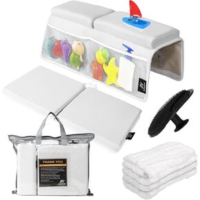 Baby Bath Kneeler and Elbow Rest Pad Set | Extra Thick Padding, Non-Slip, Machine Washable, Odorless - Includes Baby Bath Accessories in a Gift Ready Tote Bag - Baby & Toddler Bath Essentials