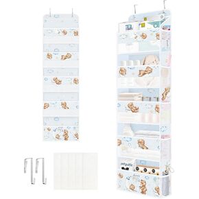 Clastyle Blue Bear Kids Over The Door Organizer with 5 Large Pockets Cloud Stars Nursery Hanging Storage Organizer Clothes Diaper Toy Moon Closet Door Hanging Shelf Storage for Bedroom Bathroom