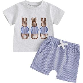 Karuedoo Toddler Baby Boy Girl Easter Outfit Bunny Embroidery Short Sleeve T-Shirt Top Plaid/Stripe Elastic Waist Shorts Set