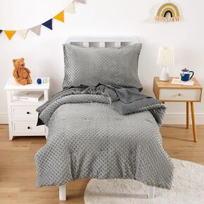 Wake In Cloud - Minky Dot Toddler Bedding Set for Boys Girls, 4 Pieces Soft Crib Bed Set Including Comforter, Sheets and Pillowcase, Reversible with Fleece and Microfiber, Gray