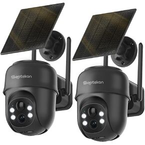 Septekon 360°PTZ Security Cameras Wireless Outdoor 2 Pack, 2K Solar Battery Powered Cameras, 2.4G WiFi Camera with Spotlight, Motion Detection, Siren, Color Night Vision, IP66, White