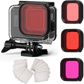FitStill 263FT/80M Aluminum Alloy Waterproof Case for Go Pro Hero 13 Hero 12 Hero 11 Hero 10 Hero 9 Black,with 2 Cold Shoe Bracket Snorkel Magenta Filters Hero13/12/11/10/9 Action Camera Accessories