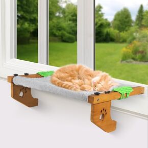 Cat Sill Window Perch Sturdy Cat Hammock Window Past مع Cat Self Groomer ، Wood & Metal Frame للقطط الكبيرة ، يسهل ضبط سرير القطط للنوافذ ، بجانب السرير ، البني