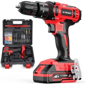 Power Drill Cordless, 20V Cordless Drill, Electric Power Drill Set with 1 Battery & Charger, 3/8" Keyless Chuck, 2 Variable Speed, 18+3 Torque and 72pcs Drill/Driver Bits, Red