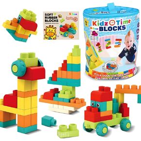 Soft Building Blocks STEM Montessori Preschool Learning Stacking Sensory Toys, Large Construction Block Set, Rubber Blocks 12-18 Months Block Bag with 42 Pieces and Storage