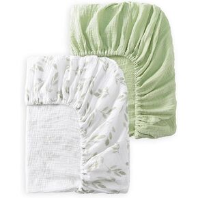 Baby Crib Sheets 2 PCS, 100% Organic Cotton Crib Sheet for Standard Crib Mattress(52"x 28"), Fitted and Soft Breathable Muslin Crib Mattress Sheet for Girl and Boy (Leaves, Green)