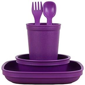 Re-Play Made in USA Toddler Dinnerware Set - 10 oz. Open Cup, 7" Flat Plate, 12 Oz. Bowl, Rounded Tip Fork and Deep Scoop Spoon - Dishwasher/Microwave Safe Plastic Dinnerware Set - Navy Blue