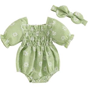 Douhoow Baby Girl Plaid Romper Flying Sleeve Baby Bubble Romper Ruffle Baby Bodysuit Spring Summer Clothes with Headband