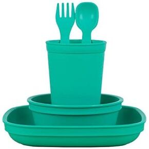 Re-Play Made in USA Toddler Dinnerware Set - 10 oz. Open Cup, 7" Flat Plate, 12 Oz. Bowl, Rounded Tip Fork and Deep Scoop Spoon - Dishwasher/Microwave Safe Plastic Dinnerware Set - Red