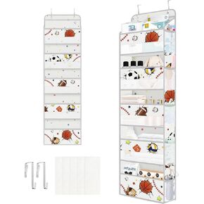 Clastyle Grey Ball Kids Over the Door Organizer with 5 Large Pockets Nursery Hanging Storage Organizer for Clothes Diaper Toy Soccer Basketball Closet Door Hanging Shelf Storage for Bedroom Bathroom