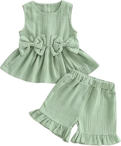 Kupretty Toddler Girl Summer Clothes Baby Solid Linen Outfit Bows Ruffle Tank Tops Shirts + Ruffled Short Set in Kuwait