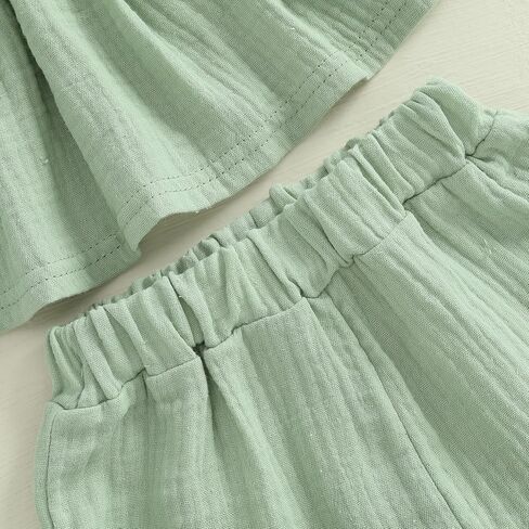 Kupretty Toddler Girl Summer Clothes Baby Solid Linen Outfit Bows Ruffle Tank Tops Shirts + Ruffled Short Set in Kuwait