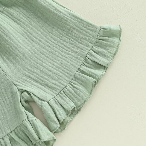 Kupretty Toddler Girl Summer Clothes Baby Solid Linen Outfit Bows Ruffle Tank Tops Shirts + Ruffled Short Set in Kuwait