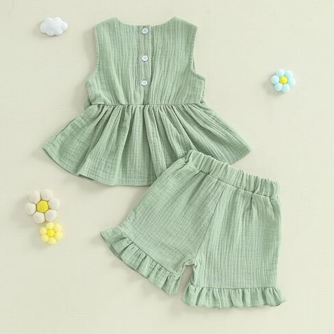 Kupretty Toddler Girl Summer Clothes Baby Solid Linen Outfit Bows Ruffle Tank Tops Shirts + Ruffled Short Set in Kuwait