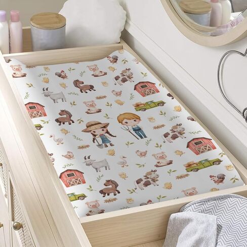 Baby Farm Life Changing Pad Covers for Boy Girl 32''x16'' Farm Animals Pig Goat Horse Cow Chick Rooster Duck Leaves Barn Truck Unisex Fitted Diaper Changing Pad Mats Soft Cradle & Bassinet Sheets in Saudi Arabia