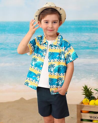 Coco&RARA Toddler Boy Clothes Baby Flamingo Hawaiian Outfits Short Sleeve Shirt + Elastic Waist Shorts Summer Beach Set in Kuwait