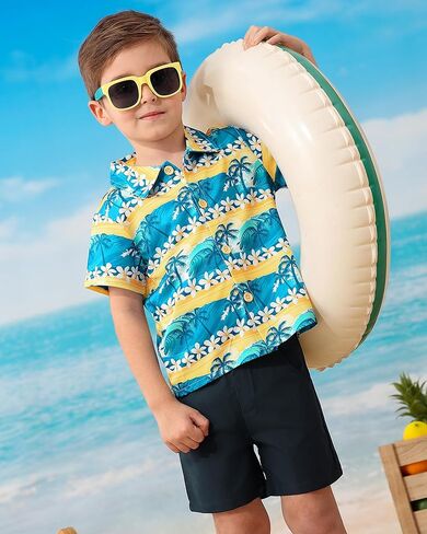 Coco&RARA Toddler Boy Clothes Baby Flamingo Hawaiian Outfits Short Sleeve Shirt + Elastic Waist Shorts Summer Beach Set in Kuwait