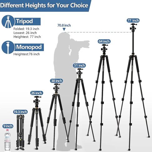 Camera Tripod 69 Inch, Patented 3-Way Swivel Portable Phone Tripod Professional Aluminum Alloy Travel Phone Camera Stand Monopod for Canon Nikon GoPro DSLR, DV Video Camcorder, Smartphone Black in Saudi Arabia