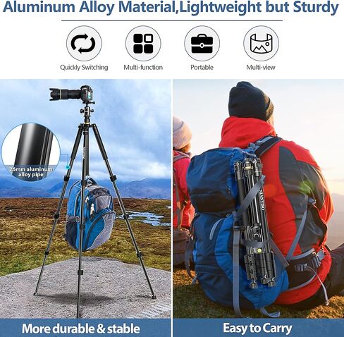 Camera Tripod 69 Inch, Patented 3-Way Swivel Portable Phone Tripod Professional Aluminum Alloy Travel Phone Camera Stand Monopod for Canon Nikon GoPro DSLR, DV Video Camcorder, Smartphone Black in Saudi Arabia