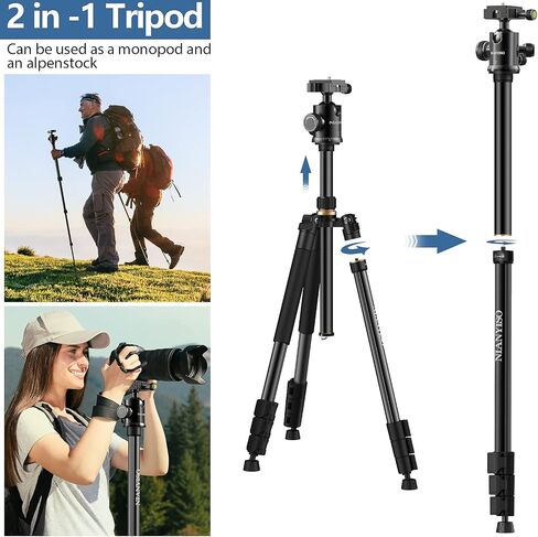 Camera Tripod 69 Inch, Patented 3-Way Swivel Portable Phone Tripod Professional Aluminum Alloy Travel Phone Camera Stand Monopod for Canon Nikon GoPro DSLR, DV Video Camcorder, Smartphone Black in Saudi Arabia