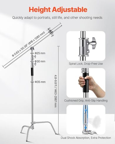 VEVOR C Stand, Max Height 10.83 ft/330 cm, Stainless Steel Heavy Duty Photography Light Stand with 4.8-9.8 ft Adjustable Height, 44 lbs/20 kg Load Capacity for Studio Softbox, Monolight, Reflector in Saudi Arabia