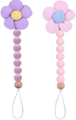 2pcs Flower Pacifier Clip, Silicone Bead Pacifier Clip for Baby Girls and Boys with Beige Daisy Birthday Christmas Gift in Saudi Arabia