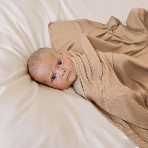 Konssy 2 Pack Ribbed Knit Swaddle Blankets for Baby Boys & Girls, 33"x42" | Soft & Stretchy Knit, Lightweight & Cozy, for Swaddling, Receiving & Stroller, Newborn to Toddler (Beige,Sage) in Saudi Arabia