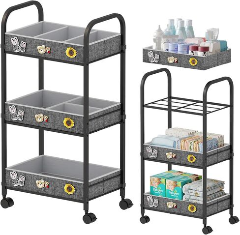 REKITA Baby Diaper Cart, 3-Tier Rolling Diaper Caddy for Newborn Essentials Must Haves, Detachable Bedside Cart, Large Capacity Diaper Caddy Organizer in Saudi Arabia