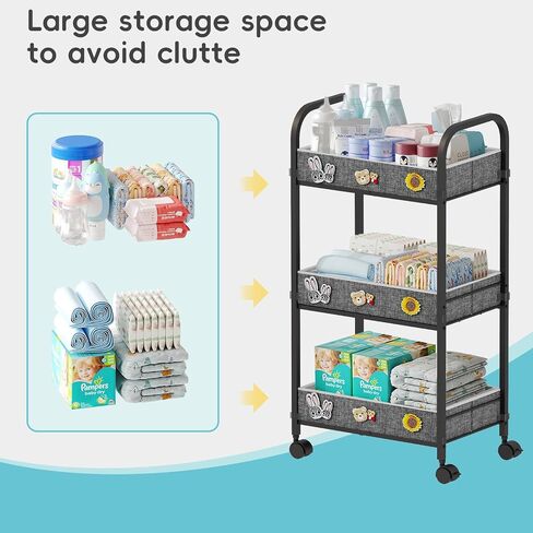 REKITA Baby Diaper Cart, 3-Tier Rolling Diaper Caddy for Newborn Essentials Must Haves, Detachable Bedside Cart, Large Capacity Diaper Caddy Organizer in Saudi Arabia