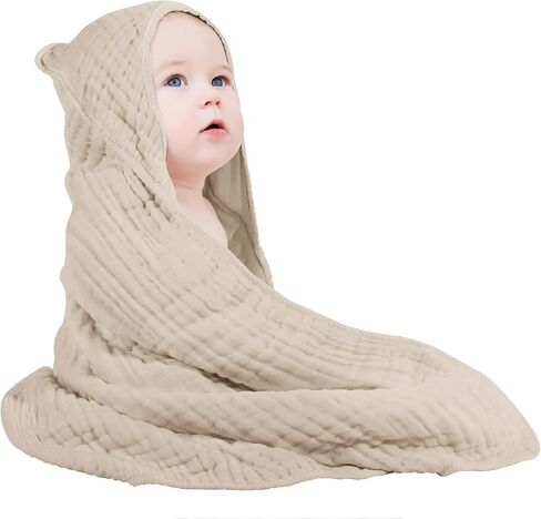 Yoofoss Hooded Baby Towels for Newborn 100% Muslin Cotton Baby Bath Towel with Hood for Babies, Infant, Toddler and Kids, Large 32x32Inch, Soft and Absorbent Newborn Essential in Kuwait
