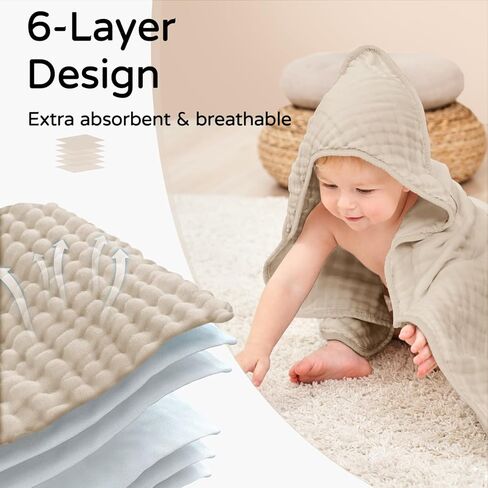 Yoofoss Hooded Baby Towels for Newborn 100% Muslin Cotton Baby Bath Towel with Hood for Babies, Infant, Toddler and Kids, Large 32x32Inch, Soft and Absorbent Newborn Essential in Kuwait