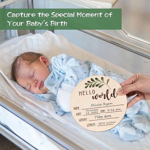 Baby Announcement Sign for Newborn - Beautiful Double-Sided Hello World Name Sign for Hospital Birth Announcement, The Perfect Round Wooden Welcome Baby Board for New Boy and Girl Gifts | Wood Board, Ideal for Hospital Birth Announcement, Capturing Newbor in Kuwait