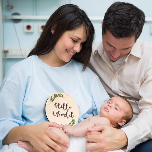 Baby Announcement Sign for Newborn - Beautiful Double-Sided Hello World Name Sign for Hospital Birth Announcement, The Perfect Round Wooden Welcome Baby Board for New Boy and Girl Gifts | Wood Board, Ideal for Hospital Birth Announcement, Capturing Newbor in Kuwait