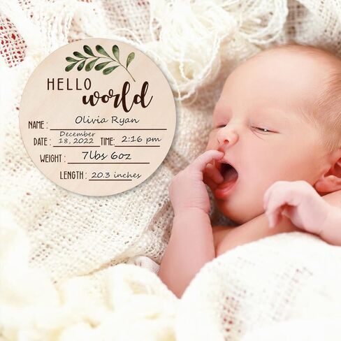 Baby Announcement Sign for Newborn - Beautiful Double-Sided Hello World Name Sign for Hospital Birth Announcement, The Perfect Round Wooden Welcome Baby Board for New Boy and Girl Gifts | Wood Board, Ideal for Hospital Birth Announcement, Capturing Newbor in Kuwait