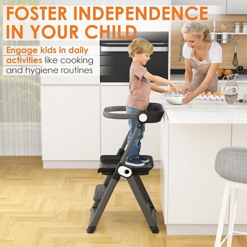 Cowiewie Folding Toddler Tower, Easy to Fold Kids Kitchen Step Stool, Space-Saving Kitchen Stool Helper for Toddler Black in Saudi Arabia