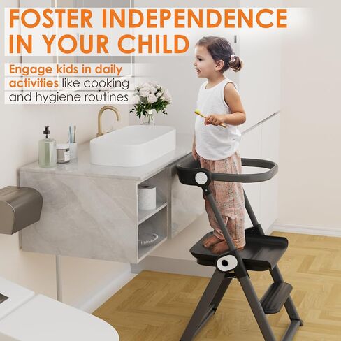 Cowiewie Folding Toddler Tower, Easy to Fold Kids Kitchen Step Stool, Space-Saving Kitchen Stool Helper for Toddler Black in Saudi Arabia