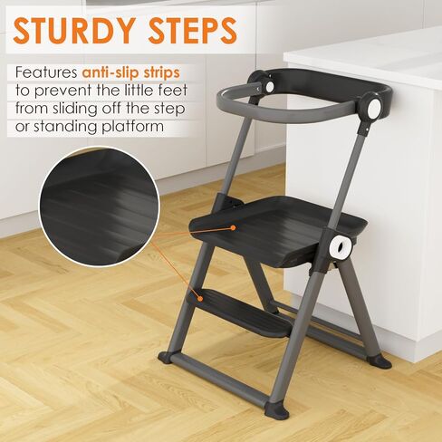 Cowiewie Folding Toddler Tower, Easy to Fold Kids Kitchen Step Stool, Space-Saving Kitchen Stool Helper for Toddler Black in Saudi Arabia
